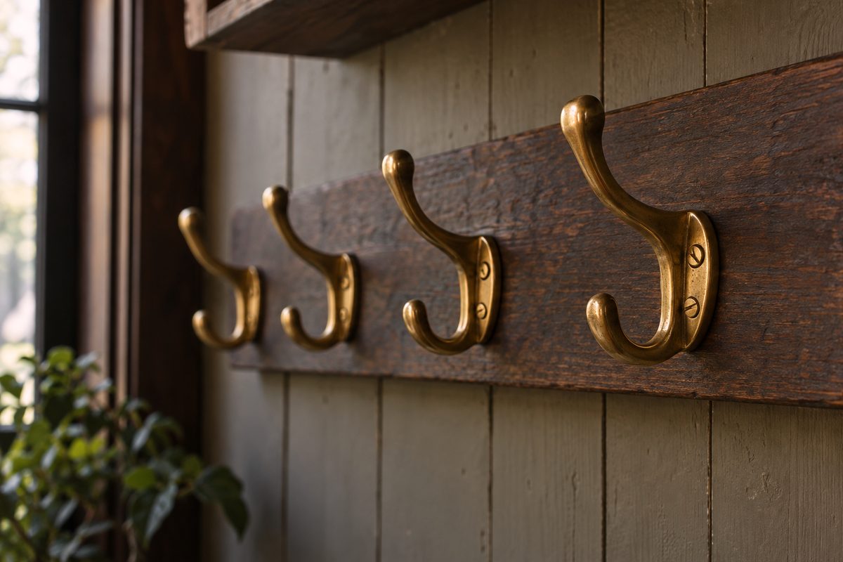 Forged solid brass coat and tool hooks mounted on an oiled timber wall strip.