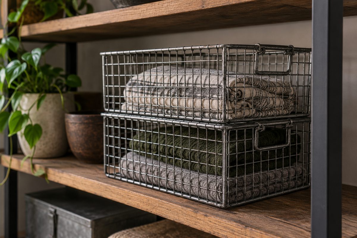 Modular clear pine storage crates stacked on an open showroom shelf.