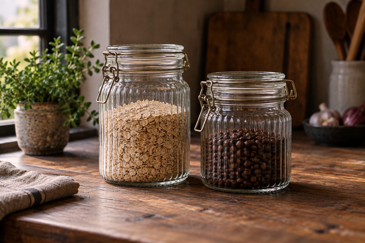 Pair of modular black steel wire pantry storage baskets resting on a timber counter.