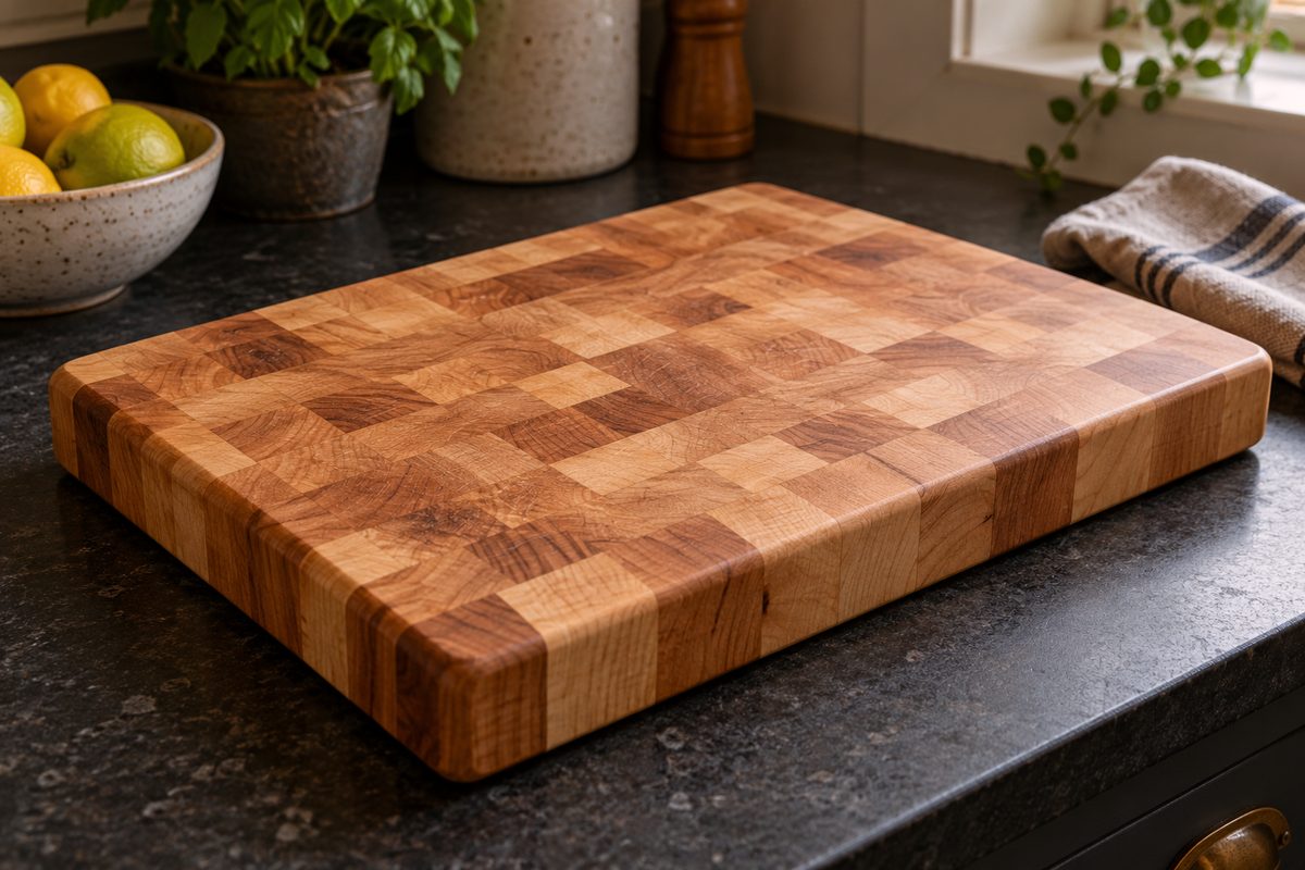 Thick end-grain hard maple butcher block prep board on a scullery worktop.