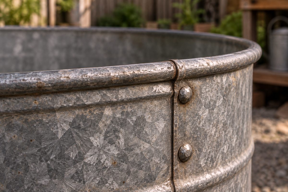 Macro detail of the double-rolled watertight zinc seam on a galvanized utility tub.