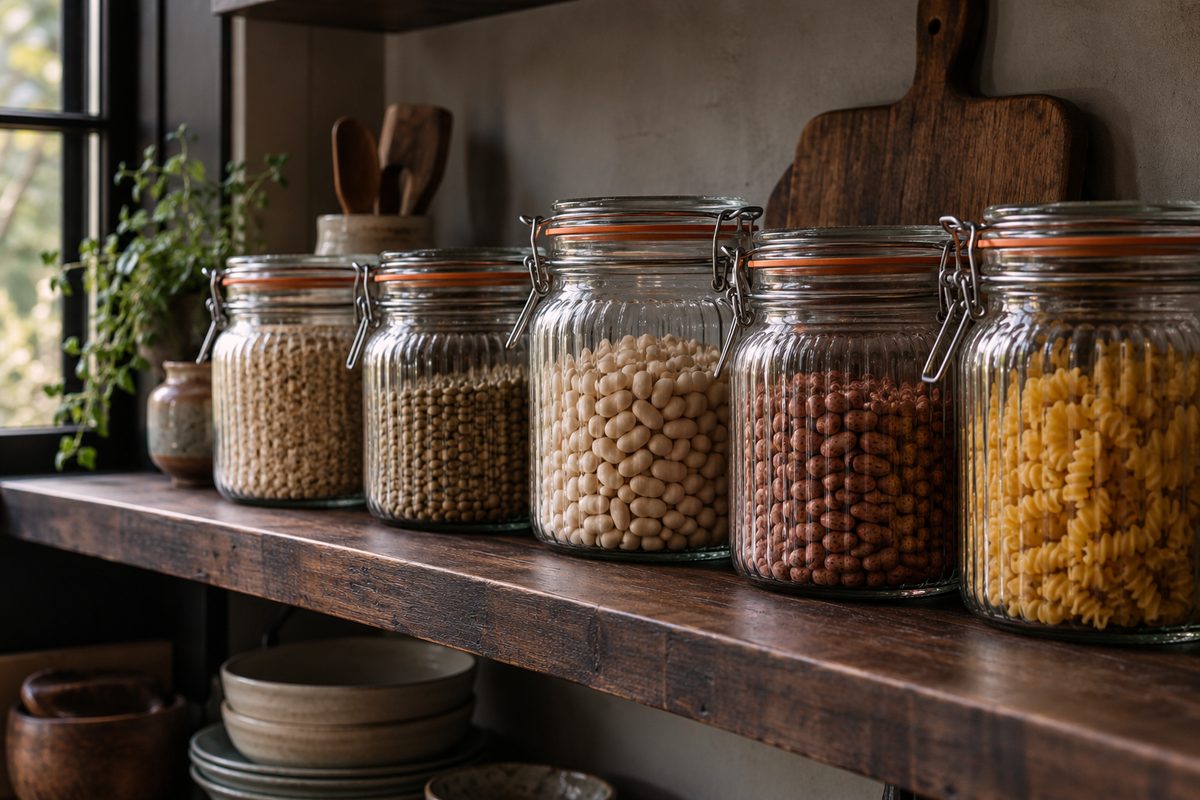 Row of heavy fluted glass pantry storage jars with zinc wire bails on an oiled shelf.