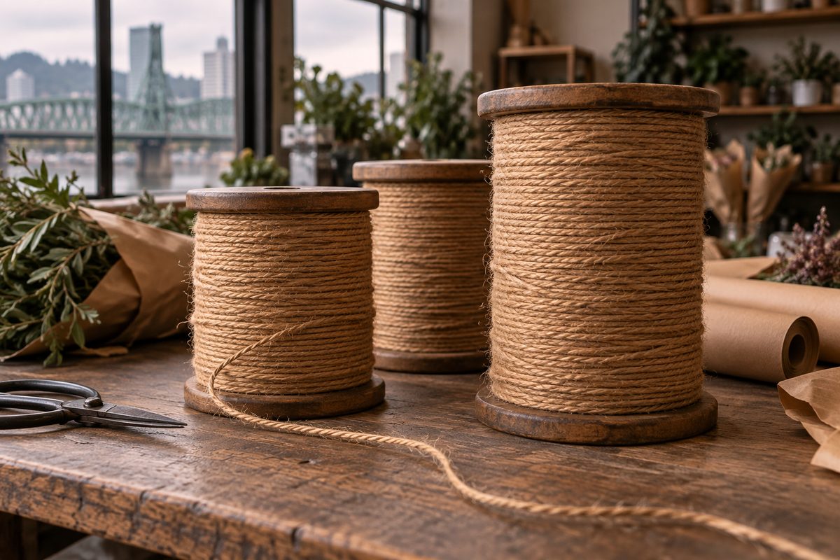 Spools of heavy three-ply golden jute twine on wooden spindle cores.