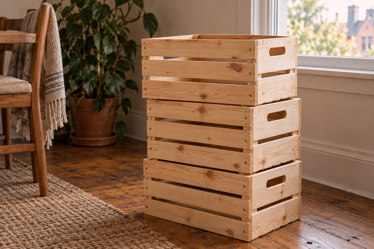 Clean pine slatted storage boxes with cut-out handles stacked on a timber floor.