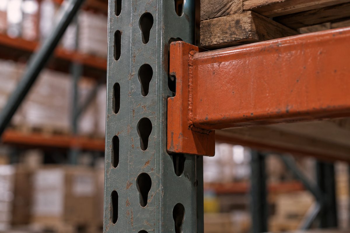 Close-up of boltless interlocking steel beam connector on an industrial utility upright.