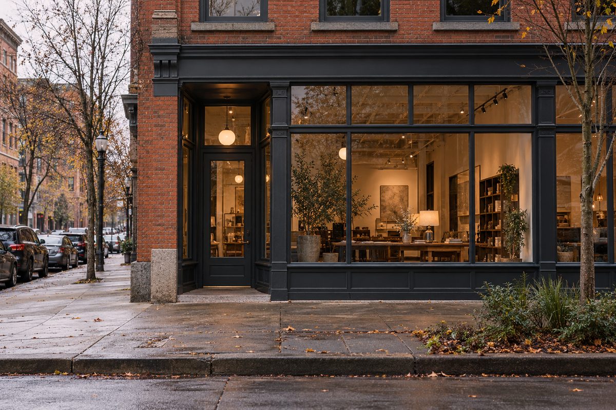 Storefront window of Cean Shop in the brick warehouse district at 1201 NW Irving Street.