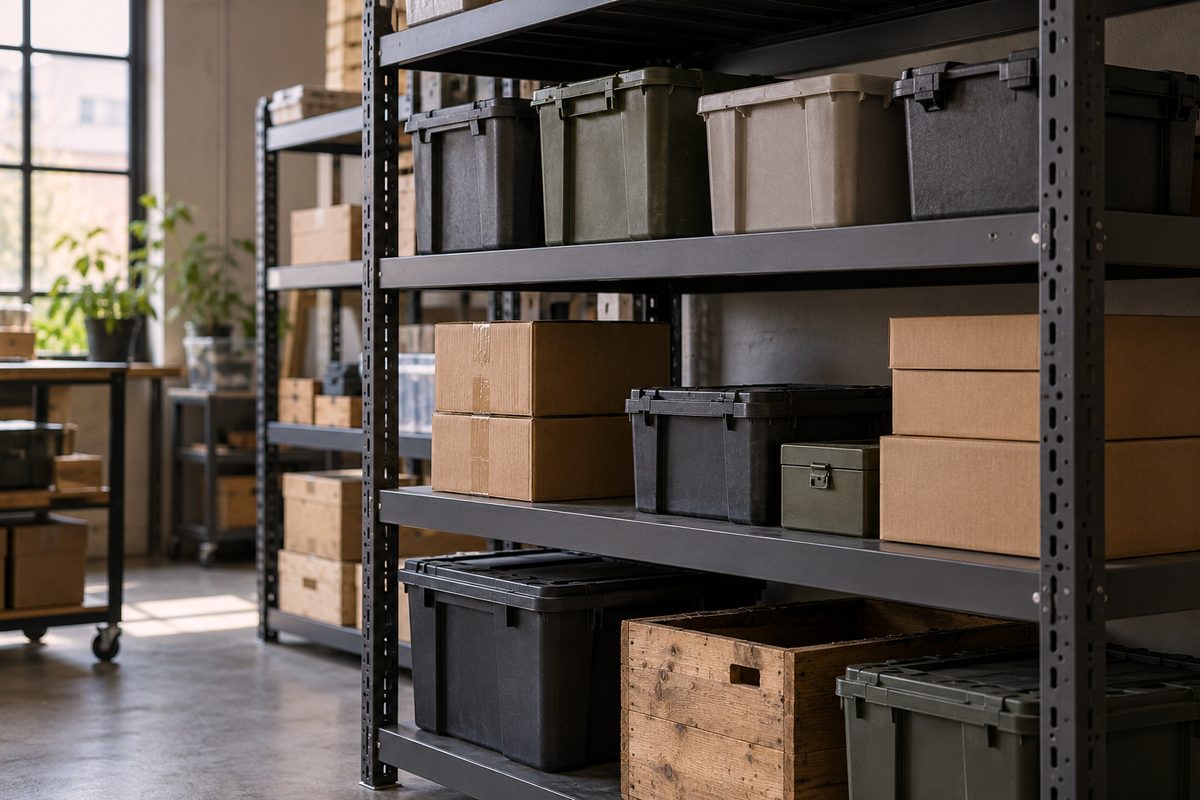 Modular industrial cold-rolled steel utility shelving holding domestic inventory in storage.