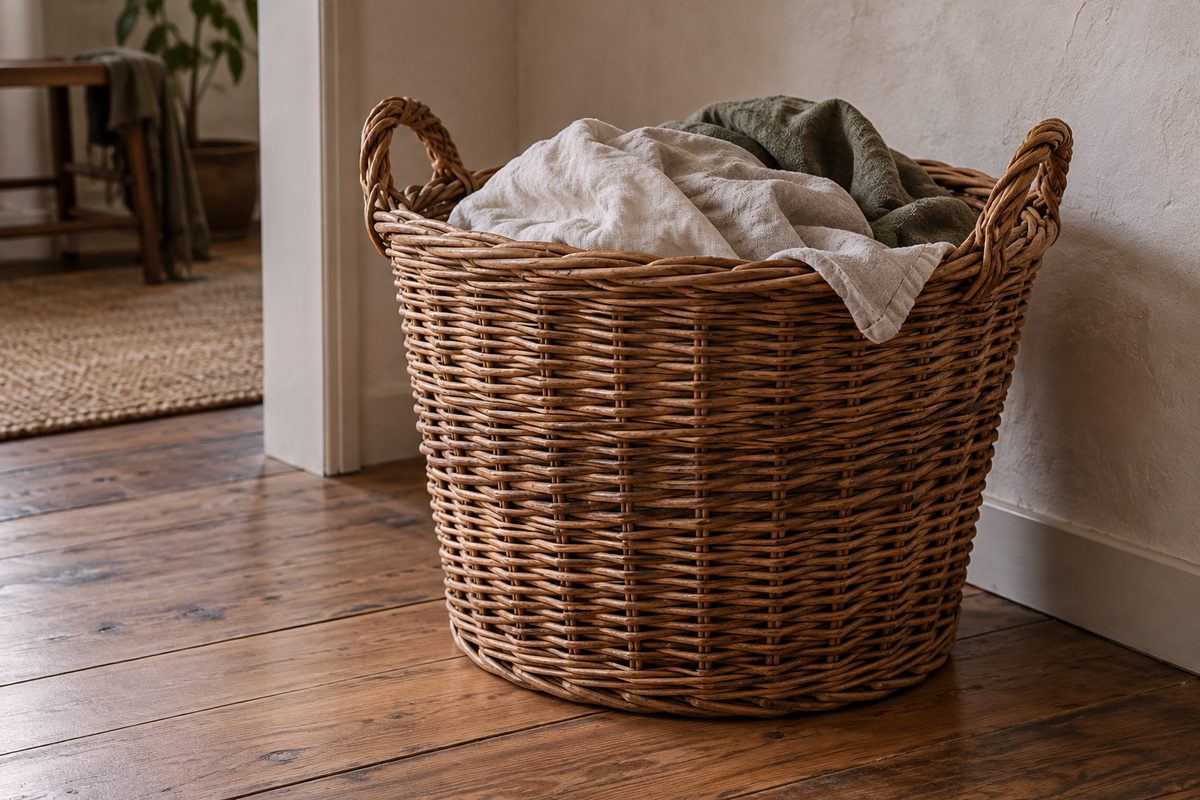 Traditional hand-woven natural willow laundry basket with thick integrated handles.