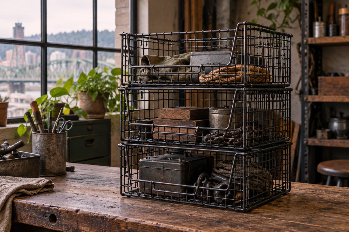 Tiers of modular carbon steel wire storage baskets stacked neatly on a workshop bench.