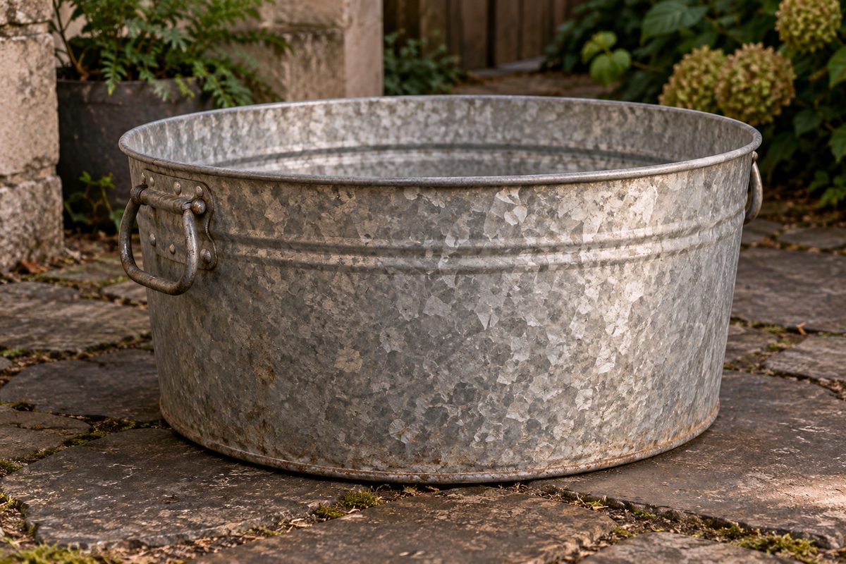 Hot-dipped galvanized metal wash tub with riveted side handles on stone flooring.